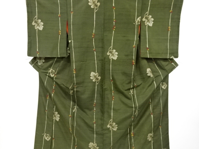 大正ロマン　団栗に菊の葉模様織り出し手織り紬着物